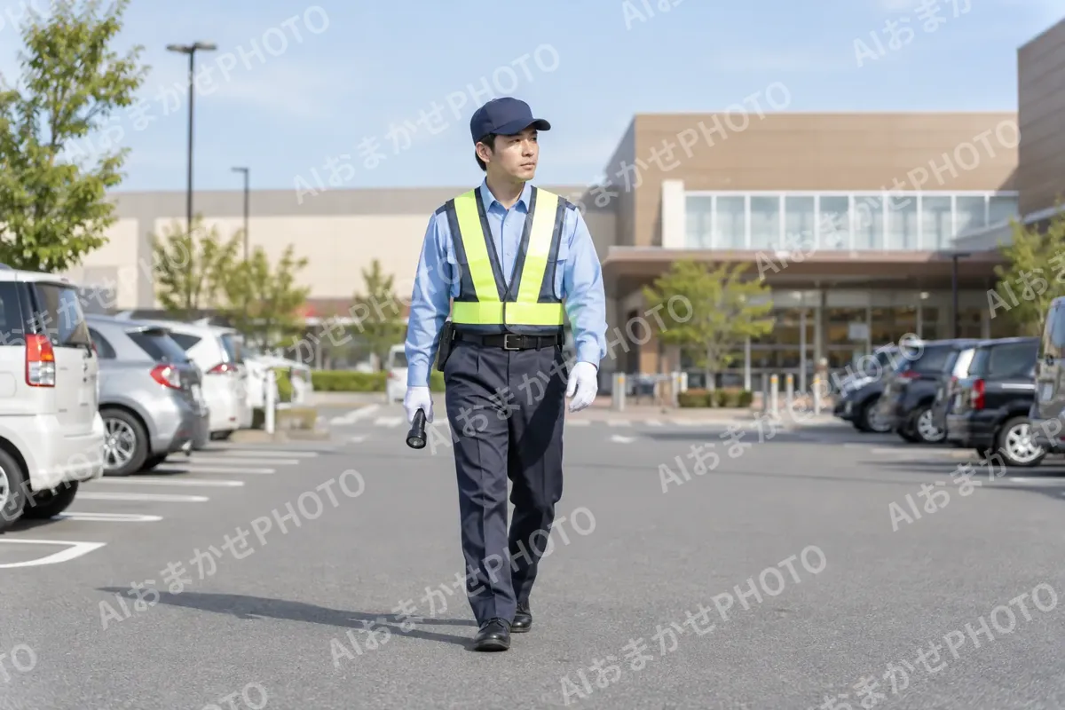 ショッピングセンターの駐車場を歩いて見回る警備員（警備・セキュリティの写真 No.41）