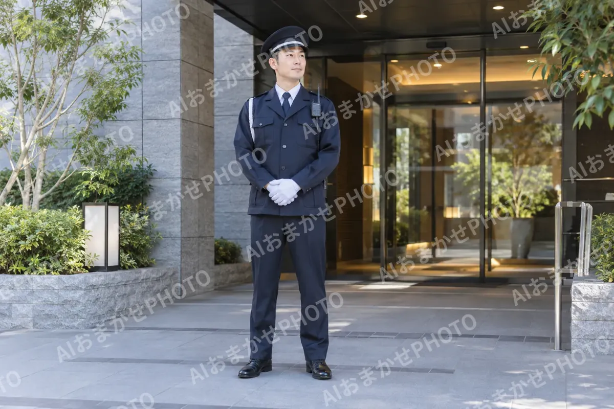 マンションのエントランスに立つ警備員（警備・セキュリティの写真 No.42）