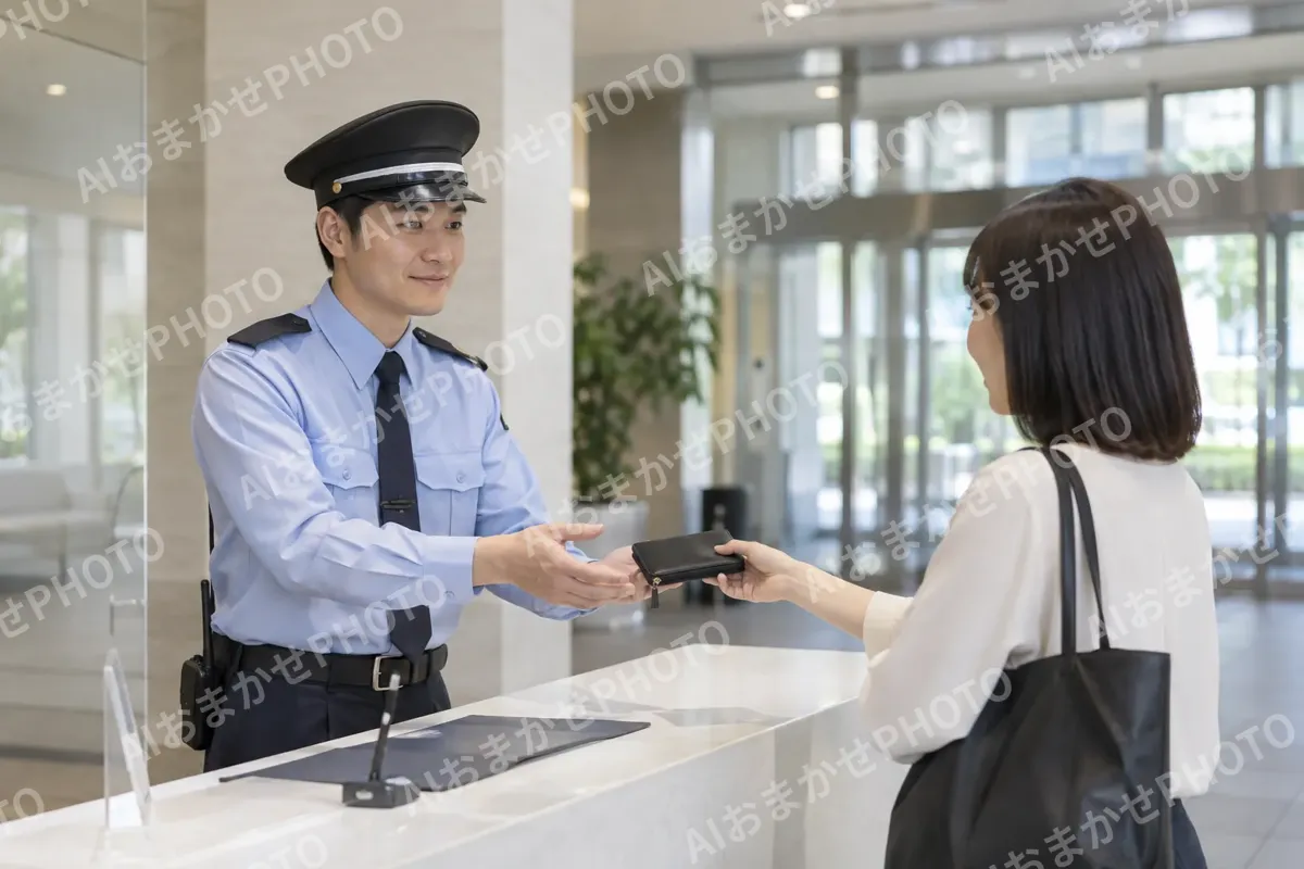 落とし物を受け取る警備員（警備・セキュリティの写真 No.43）