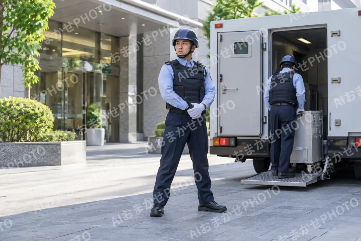 現金を運ぶ車のそばに立つ警備員（警備・セキュリティの写真 No.46）