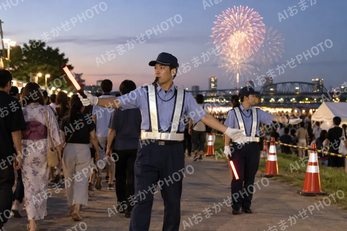 花火大会の会場で人の流れを案内する警備員たち（警備・セキュリティの写真 No.47）