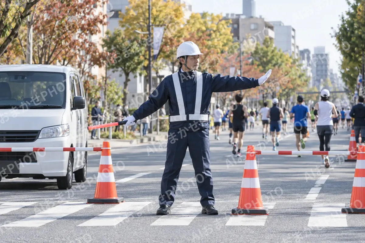 マラソン大会のコースで道路を止める警備員（警備・セキュリティの写真 No.48）
