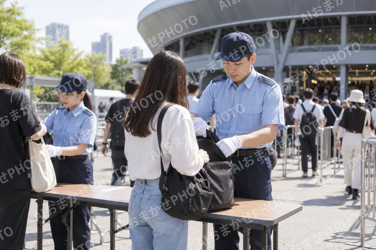 コンサート会場の入口で荷物を確かめる警備員（警備・セキュリティの写真 No.49）