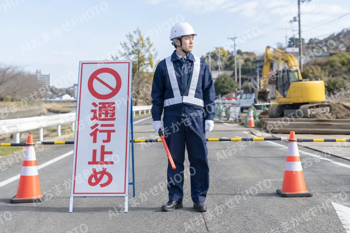 通行止めの看板のそばに立つ警備員（警備・セキュリティの写真 No.52）