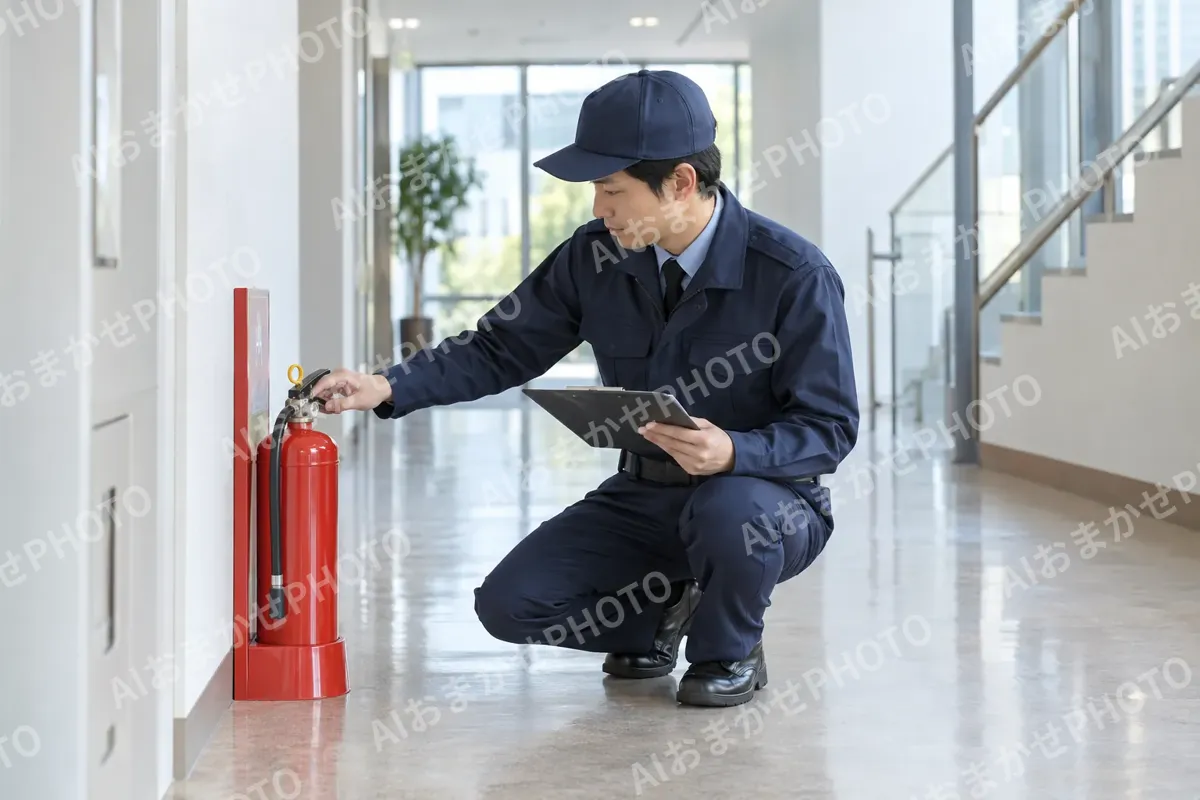 消火器の場所を点検する警備員（警備・セキュリティの写真 No.53）