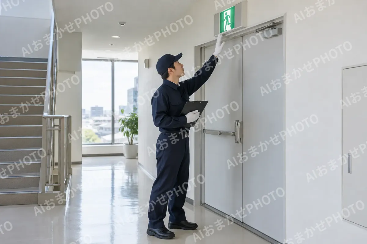 非常口を点検する警備員（警備・セキュリティの写真 No.54）