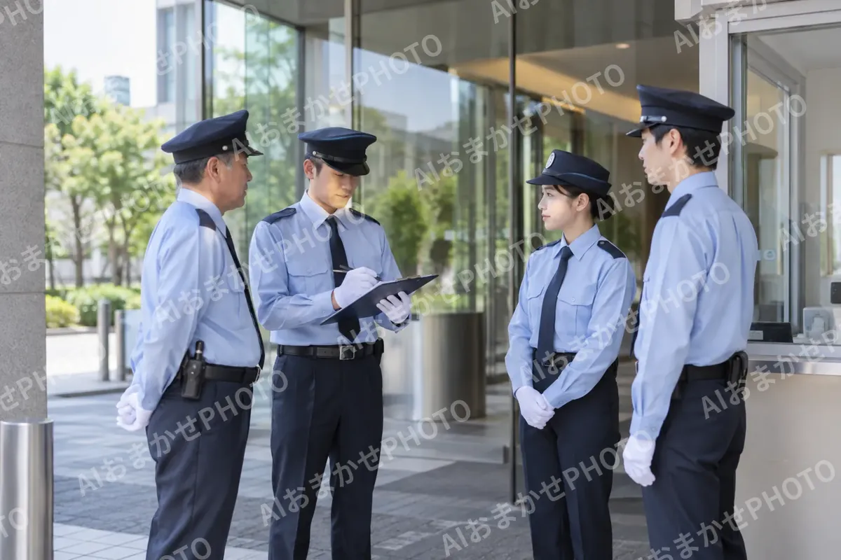 交代で申し送りをする警備員たち（警備・セキュリティの写真 No.56）