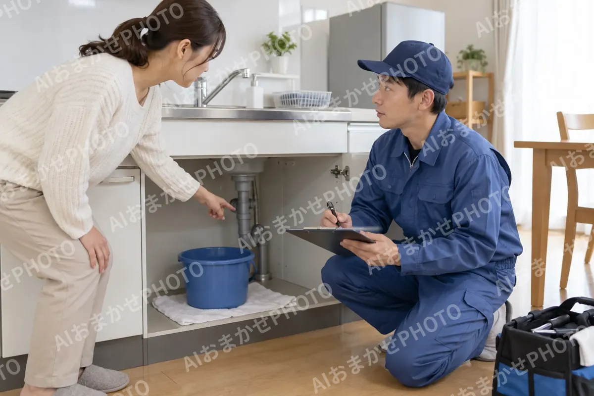 お客様に水漏れの場所を聞くスタッフ（水漏れ・水道修理（緊急）の写真 No.29）