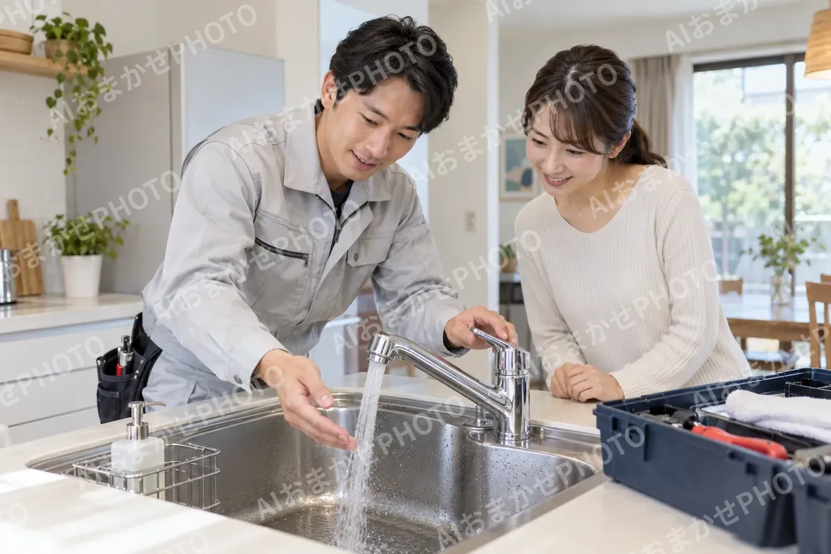 修理が終わって水を出して確かめるスタッフとお客様（水漏れ・水道修理（緊急）の写真 No.31）