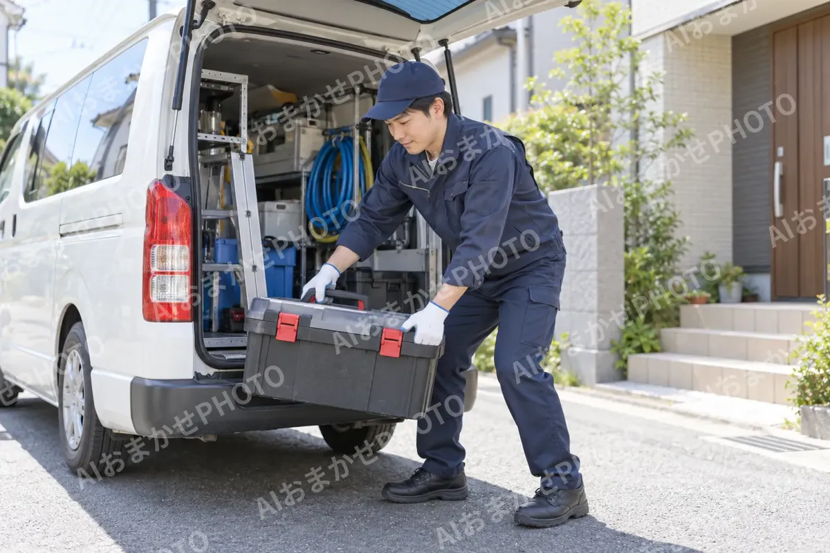 作業車から工具箱を下ろすスタッフ（水漏れ・水道修理（緊急）の写真 No.33）