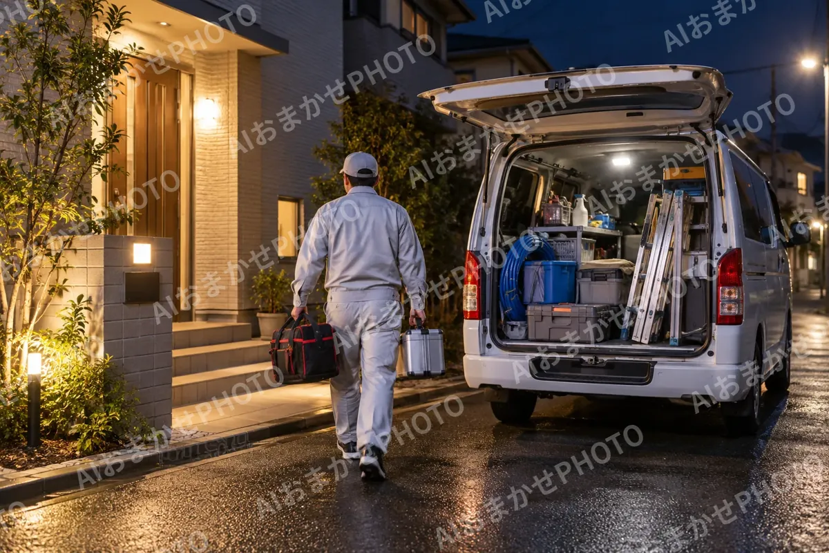 夜に住宅の前に止まった作業車（水漏れ・水道修理（緊急）の写真 No.34）