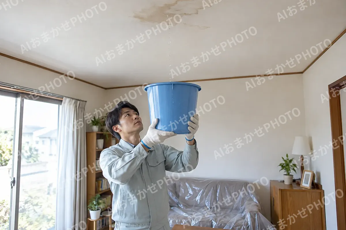 天井からの水漏れをバケツで受けている部屋（水漏れ・水道修理（緊急）の写真 No.36）