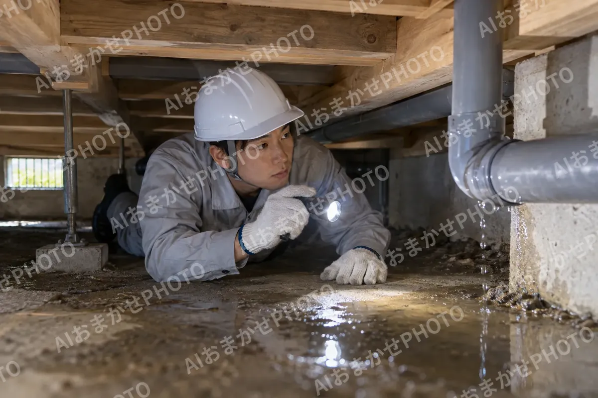 床下の水漏れをライトで調べるスタッフ（水漏れ・水道修理（緊急）の写真 No.39）