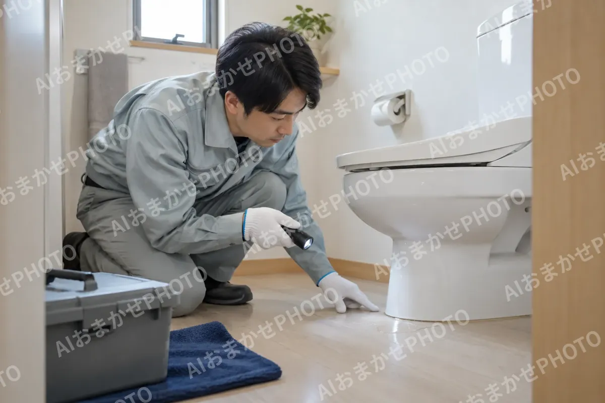 トイレの床の水漏れを調べるスタッフ（水漏れ・水道修理（緊急）の写真 No.40）
