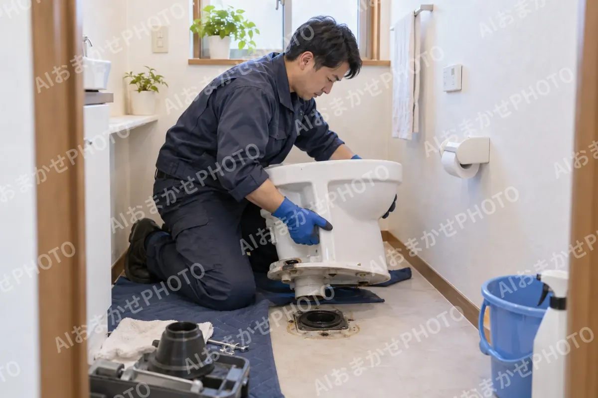 トイレの便器を外してつまりを直すスタッフ（水漏れ・水道修理（緊急）の写真 No.41）