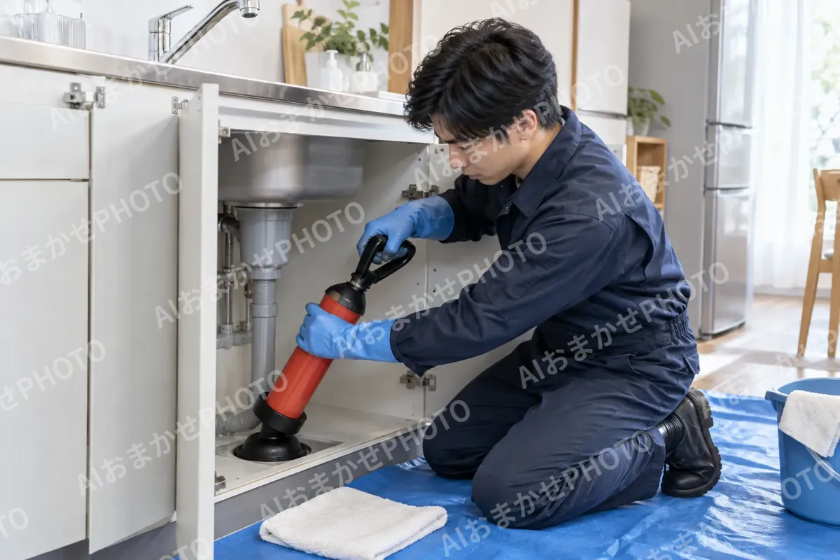 台所の排水のつまりを吸引の道具で直すスタッフ（水漏れ・水道修理（緊急）の写真 No.42）