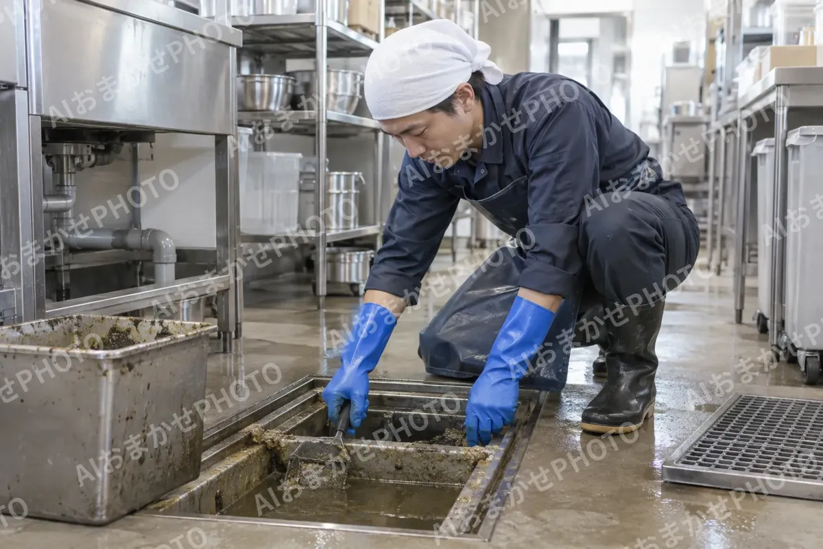 店舗の厨房の排水の槽を掃除するスタッフ（水漏れ・水道修理（緊急）の写真 No.50）