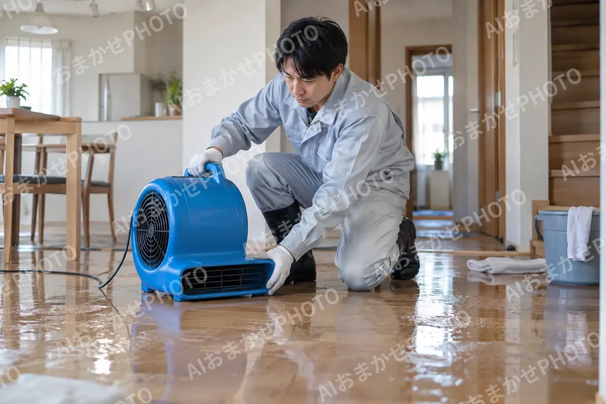 ぬれた床に送風機を置いて乾かすスタッフ（水漏れ・水道修理（緊急）の写真 No.52）