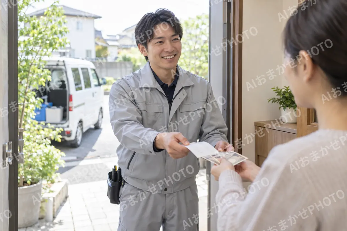 代金を受け取って領収書をわたすスタッフ（水漏れ・水道修理（緊急）の写真 No.56）