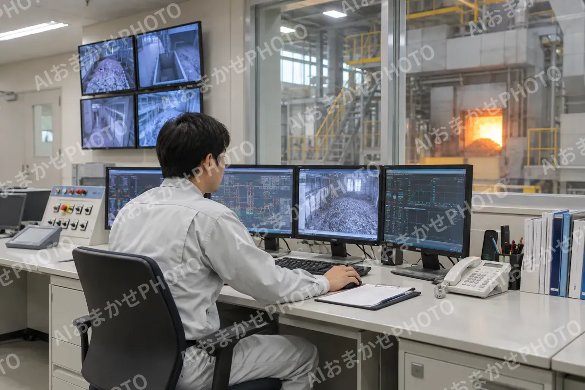 焼却の施設の制御室でモニターを見る社員（産業廃棄物・収集運搬の写真 No.61）