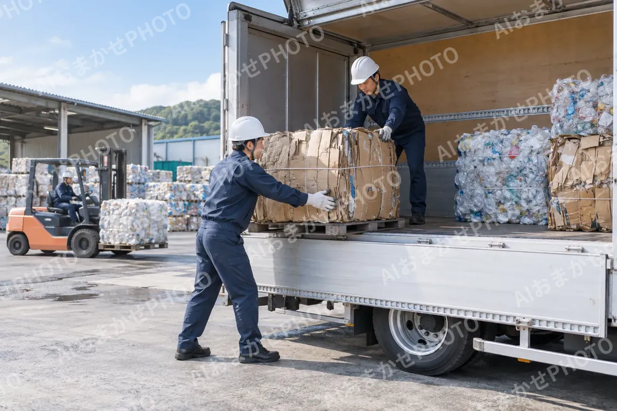 分けた資源をトラックに積んで出荷する（産業廃棄物・収集運搬の写真 No.63）