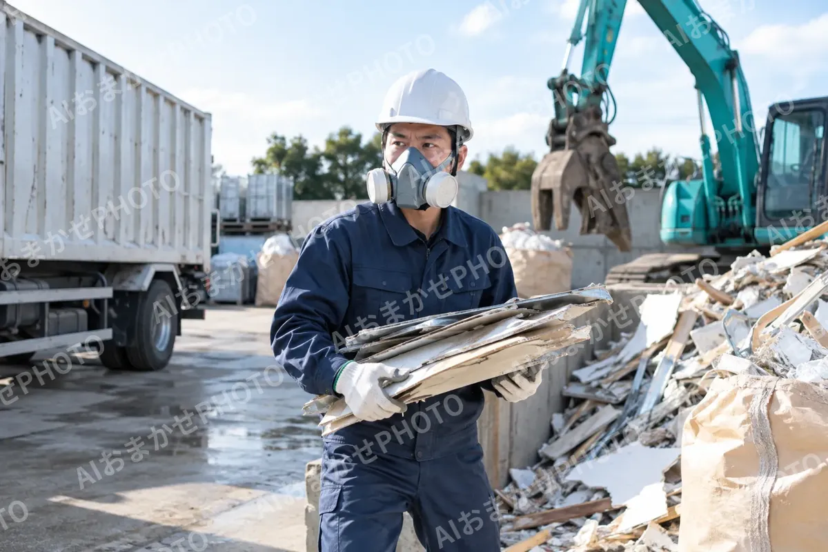 防じんマスクをつけた作業員（産業廃棄物・収集運搬の写真 No.66）