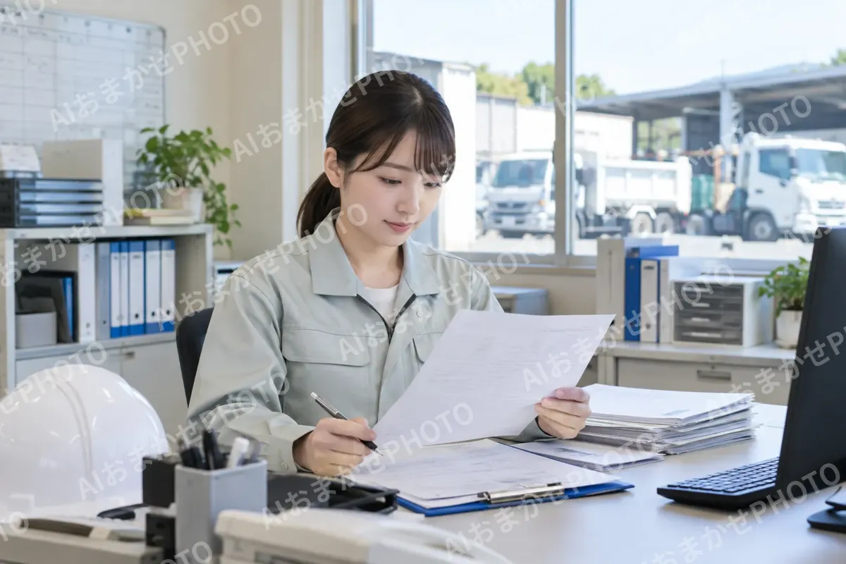 管理の伝票を確かめる事務の社員（産業廃棄物・収集運搬の写真 No.67）