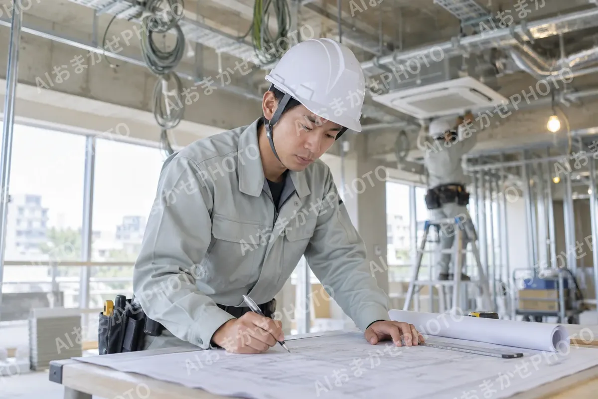 現場で図面に書きこむ電気工事士（電気工事・空調・電気設備の写真 No.45）