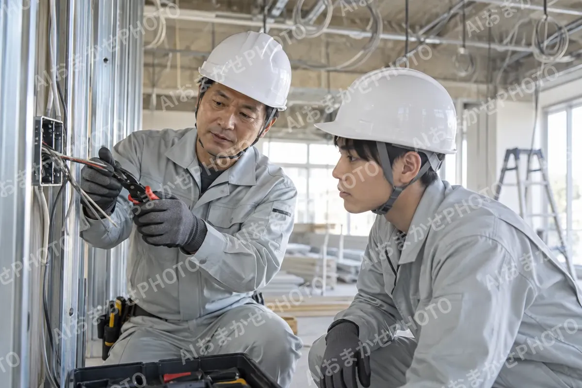 新人に工具の使い方を教える先輩の電気工事士（電気工事・空調・電気設備の写真 No.46）