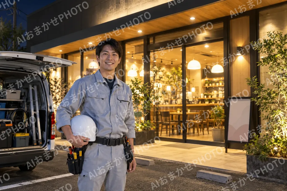 夜に明かりがついた店舗と作業を終えた電気工事士（電気工事・空調・電気設備の写真 No.47）
