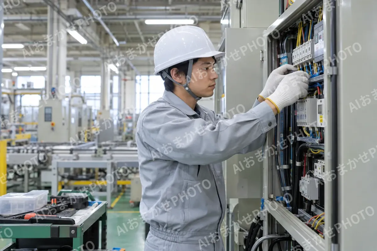 工場の機械に電気の配線をつなぐ電気工事士（電気工事・空調・電気設備の写真 No.48）