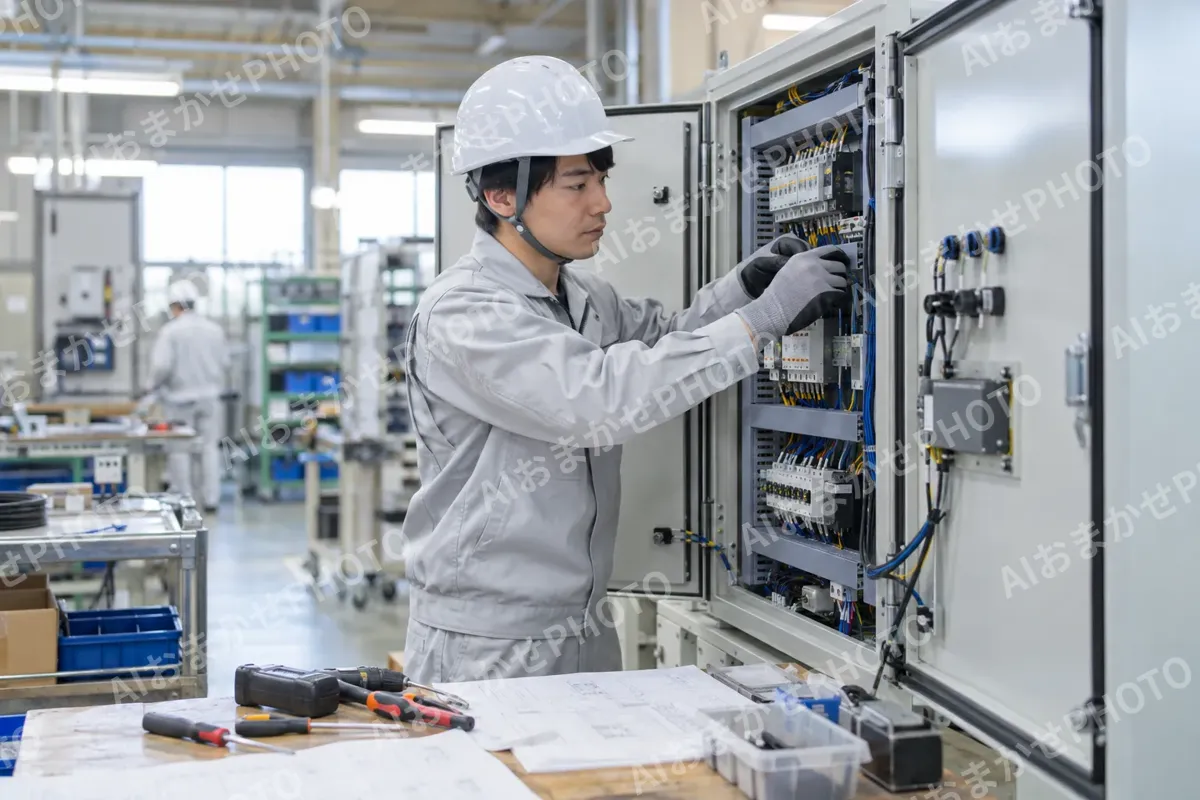 工場の制御盤を組み立てる電気工事士（電気工事・空調・電気設備の写真 No.49）