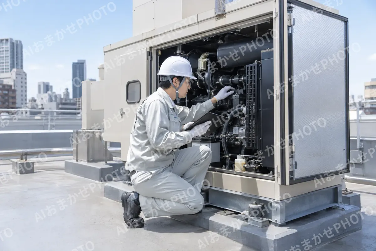 ビルの非常用の発電機を点検する電気工事士（電気工事・空調・電気設備の写真 No.50）