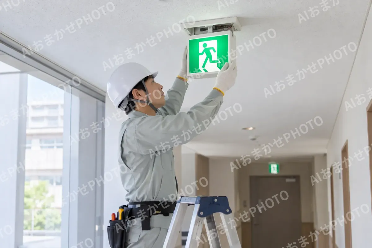 非常口の誘導灯を取りかえる作業員（電気工事・空調・電気設備の写真 No.52）