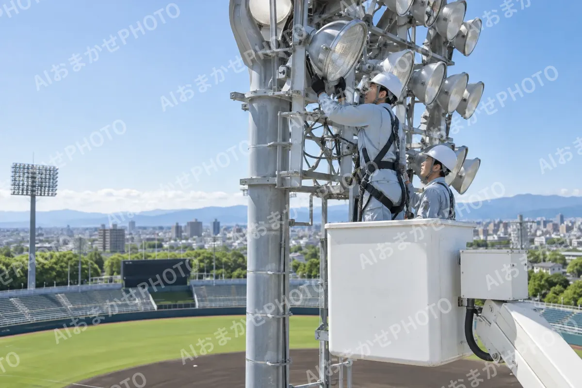 野球場の照明の塔を点検する作業員（電気工事・空調・電気設備の写真 No.54）