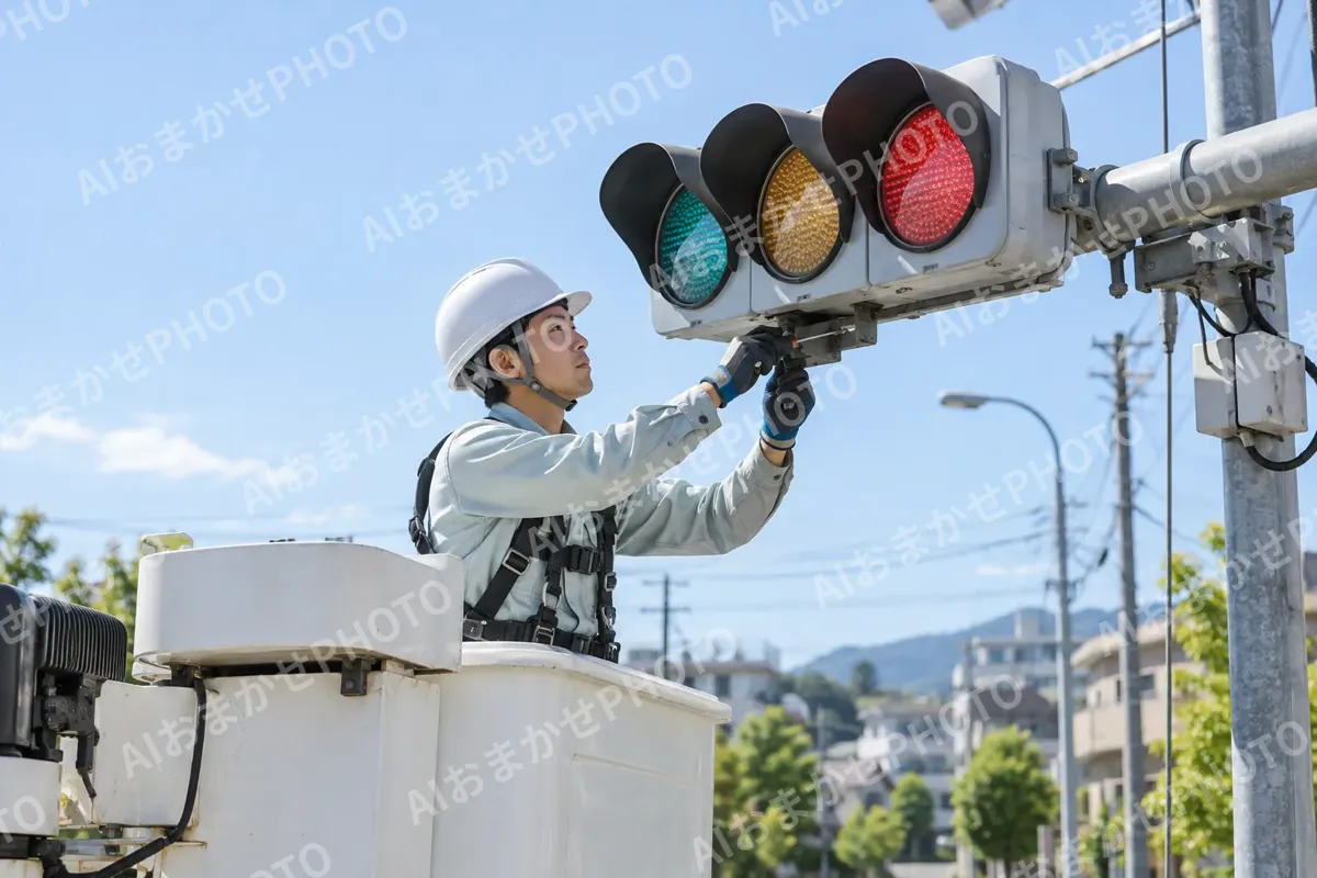 信号機の工事をする作業員（電気工事・空調・電気設備の写真 No.55）