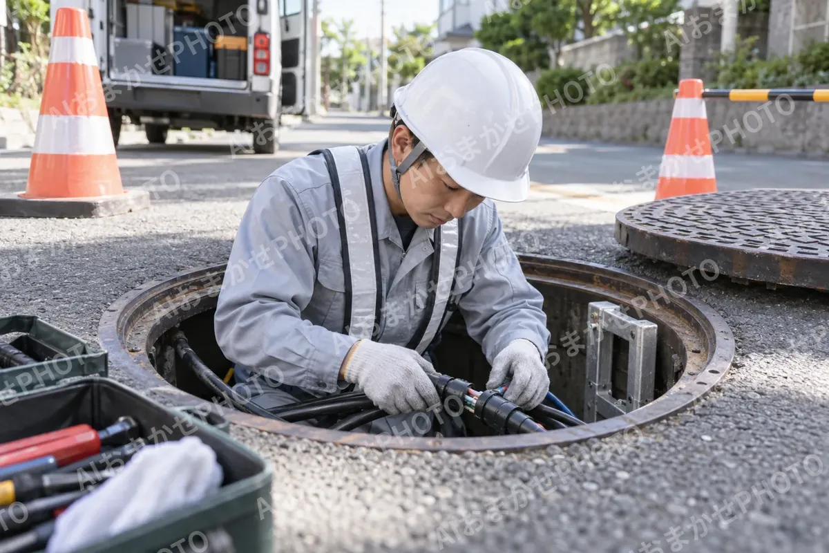 マンホールの中でケーブルをつなぐ作業員（電気工事・空調・電気設備の写真 No.57）
