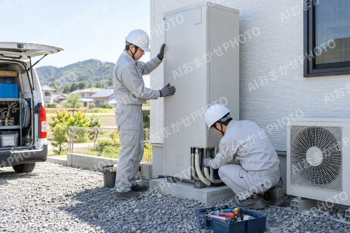 電気でお湯をわかす給湯機をすえつける作業員たち（電気工事・空調・電気設備の写真 No.60）