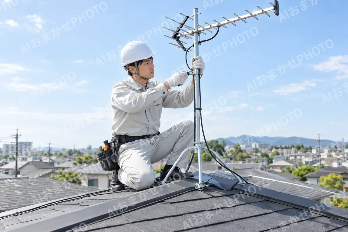 アンテナを屋根に取り付ける作業員（電気工事・空調・電気設備の写真 No.62）