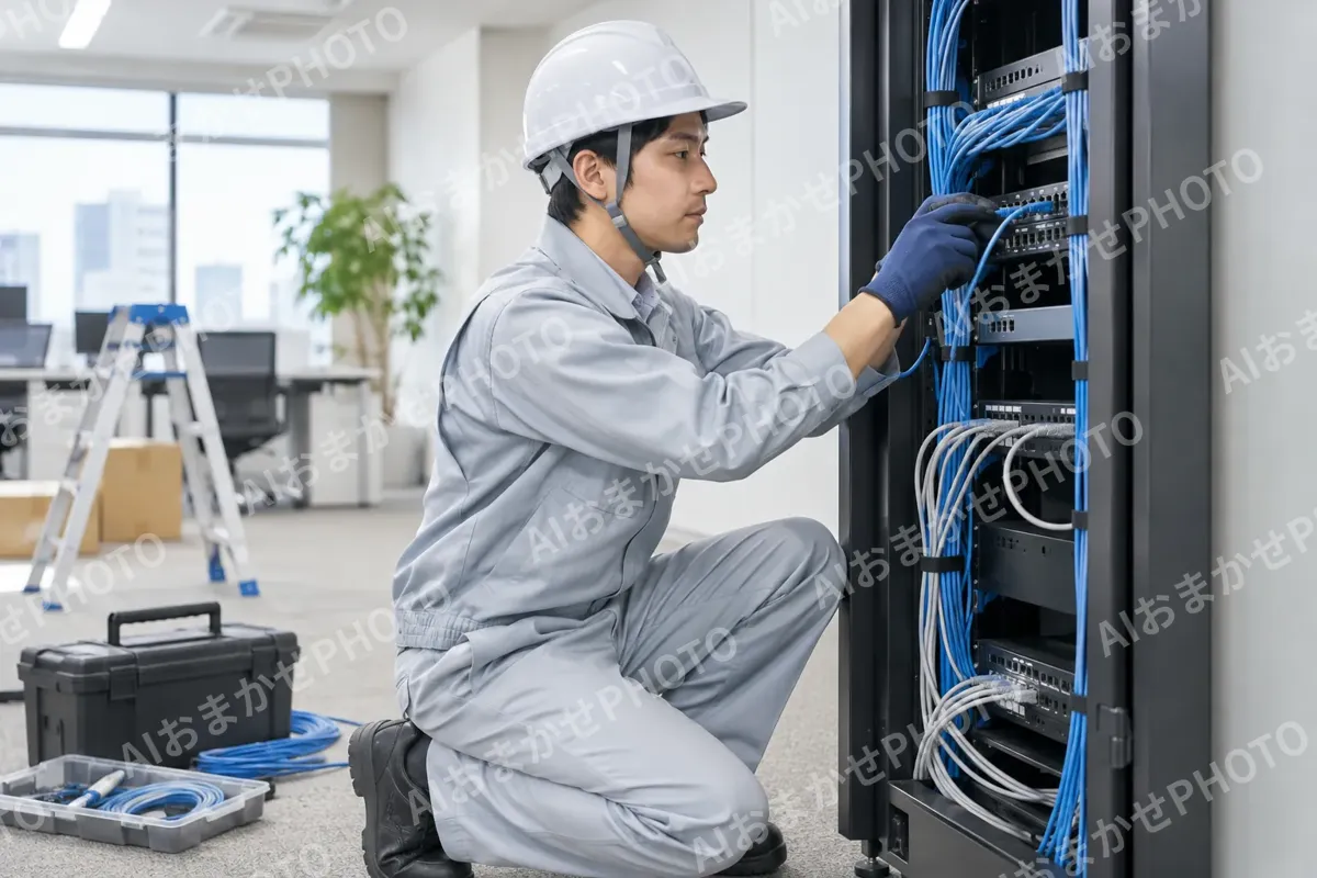 インターネットの配線をする作業員（電気工事・空調・電気設備の写真 No.63）
