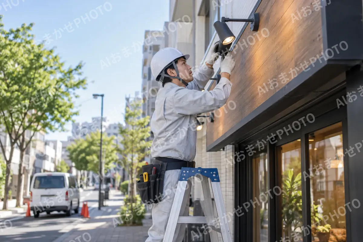 店舗の看板の照明を直す電気工事士（電気工事・空調・電気設備の写真 No.65）