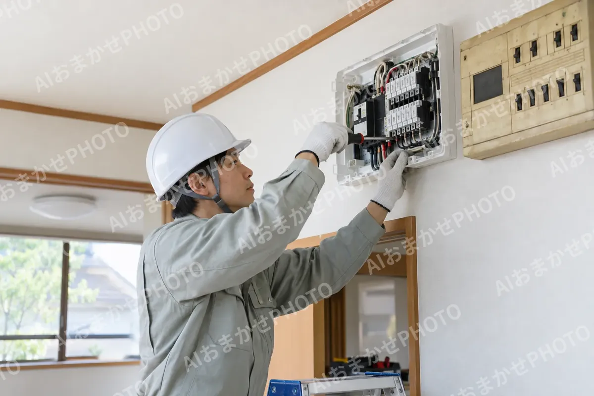 古い分電盤を新しいものに取りかえる電気工事士（電気工事・空調・電気設備の写真 No.66）
