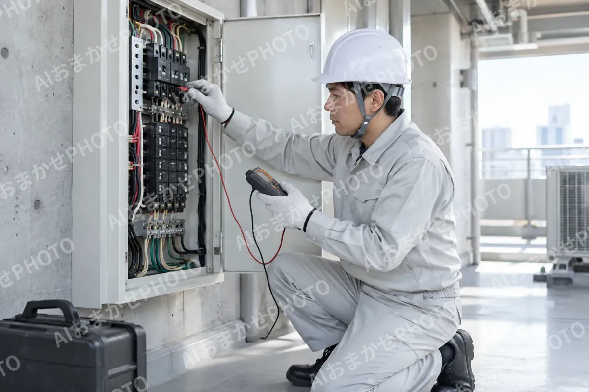 漏電を機械で調べる電気工事士（電気工事・空調・電気設備の写真 No.67）