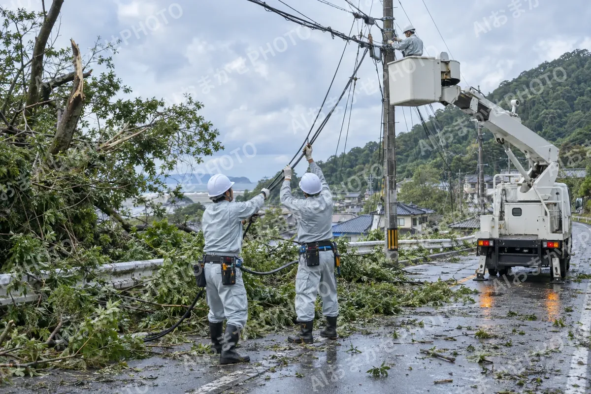 台風のあとに切れた電線を直す作業員たち（電気工事・空調・電気設備の写真 No.68）