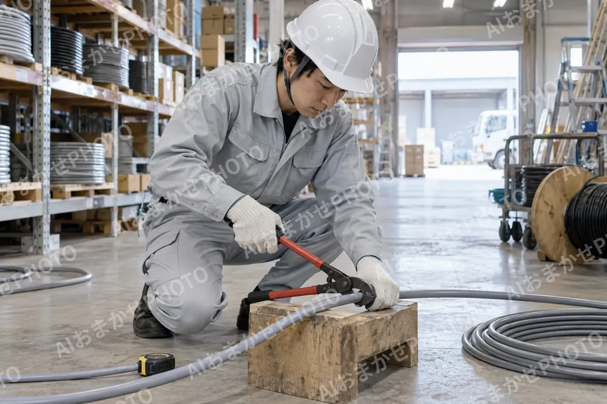 倉庫でケーブルを長さに合わせて切る作業員（電気工事・空調・電気設備の写真 No.69）