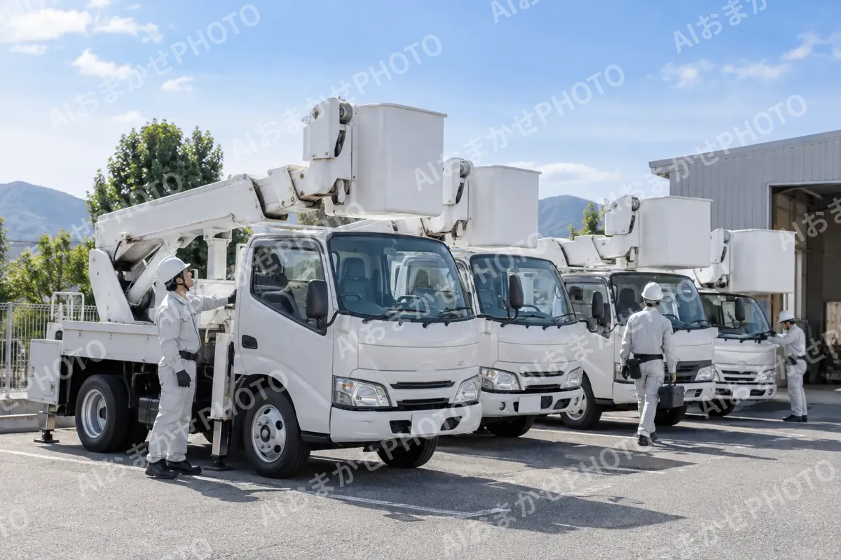 高所作業車が並んだ会社の駐車場（電気工事・空調・電気設備の写真 No.71）