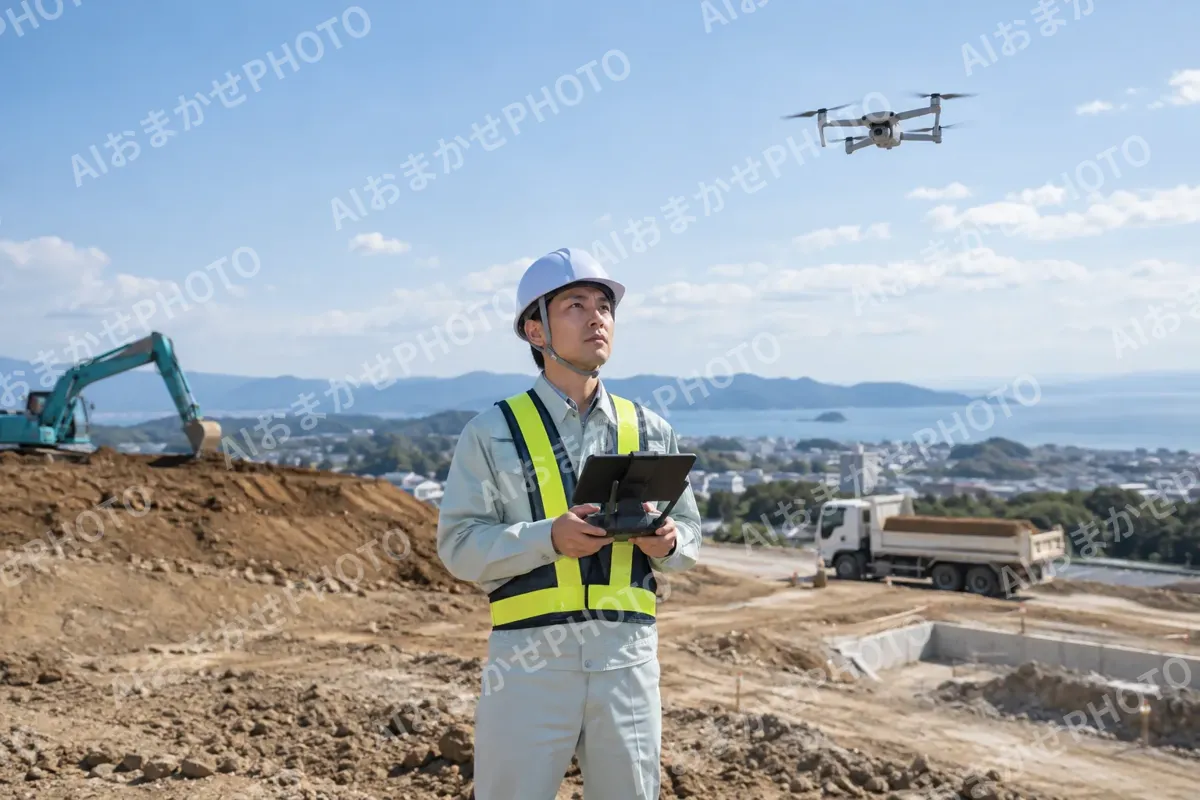 ドローンで現場を上から調べる技術者（土木・解体・基礎・造成の写真 No.67）