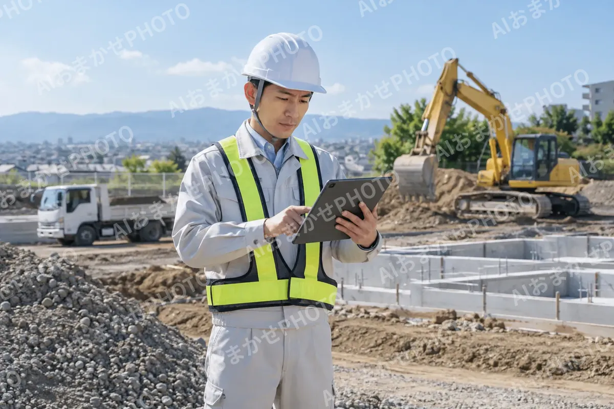 3次元の図面をタブレットで見る現場監督（土木・解体・基礎・造成の写真 No.68）