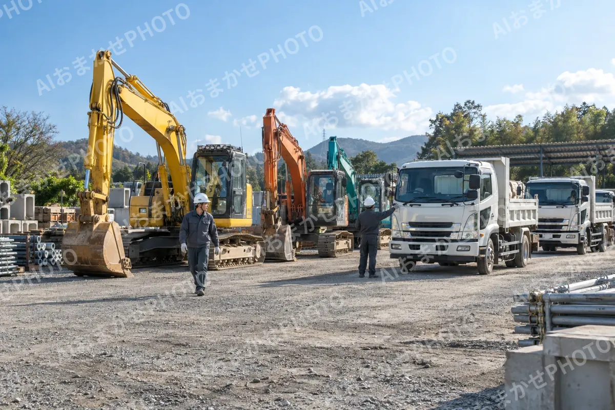 資材置き場に並んだ重機と会社のトラック（土木・解体・基礎・造成の写真 No.69）