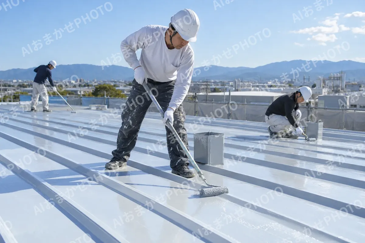 工場の屋根をぬる塗装職人たち（外壁・屋根・塗装・防水の写真 No.50）